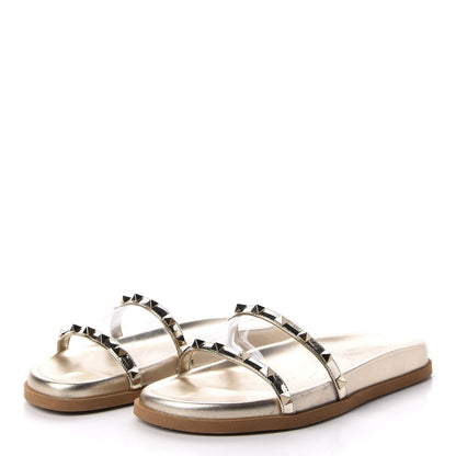 Valentino Garavani PVC Metallic Nappa Rockstud Moonwalk Flat Slide Sandals 37.5 Platino Transparent 3 of 10