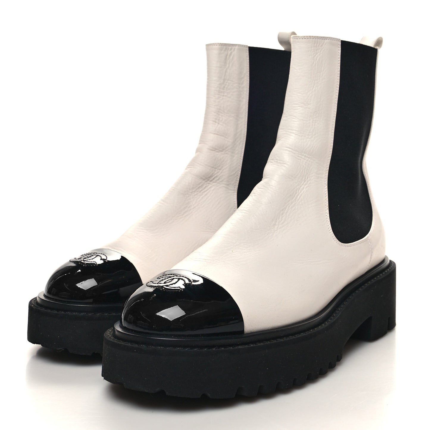 Patent Calfskin Cap Toe CC Ankle Boots 40 White Black