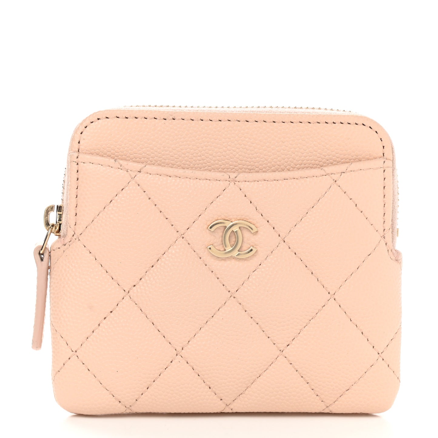 Caviar Quilted Zip Card Holder Wallet Light Beige