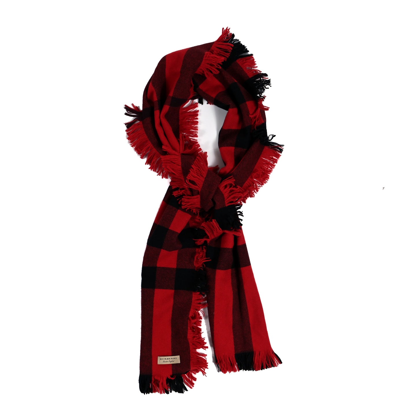 Wool Half Mega Check Fringe Scarf Red