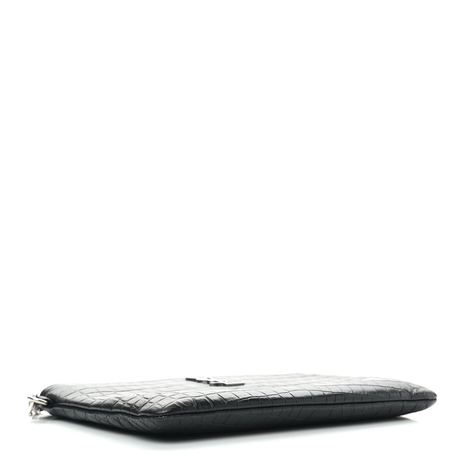 Saint Laurent Calfskin Crocodile Embossed Monogram Zip Pouch Black 4 of 8