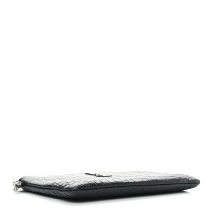 Saint Laurent Calfskin Crocodile Embossed Monogram Zip Pouch Black 4 of 8