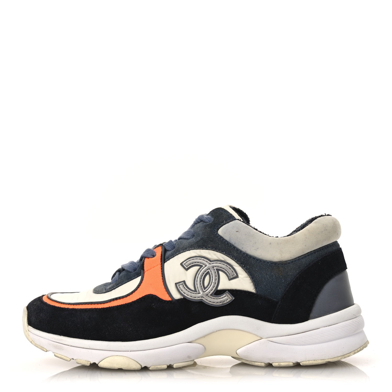 Chanel Nylon Calfskin Suede CC Womens Sneakers 35.5 Navy White Orange Black 1 of 14