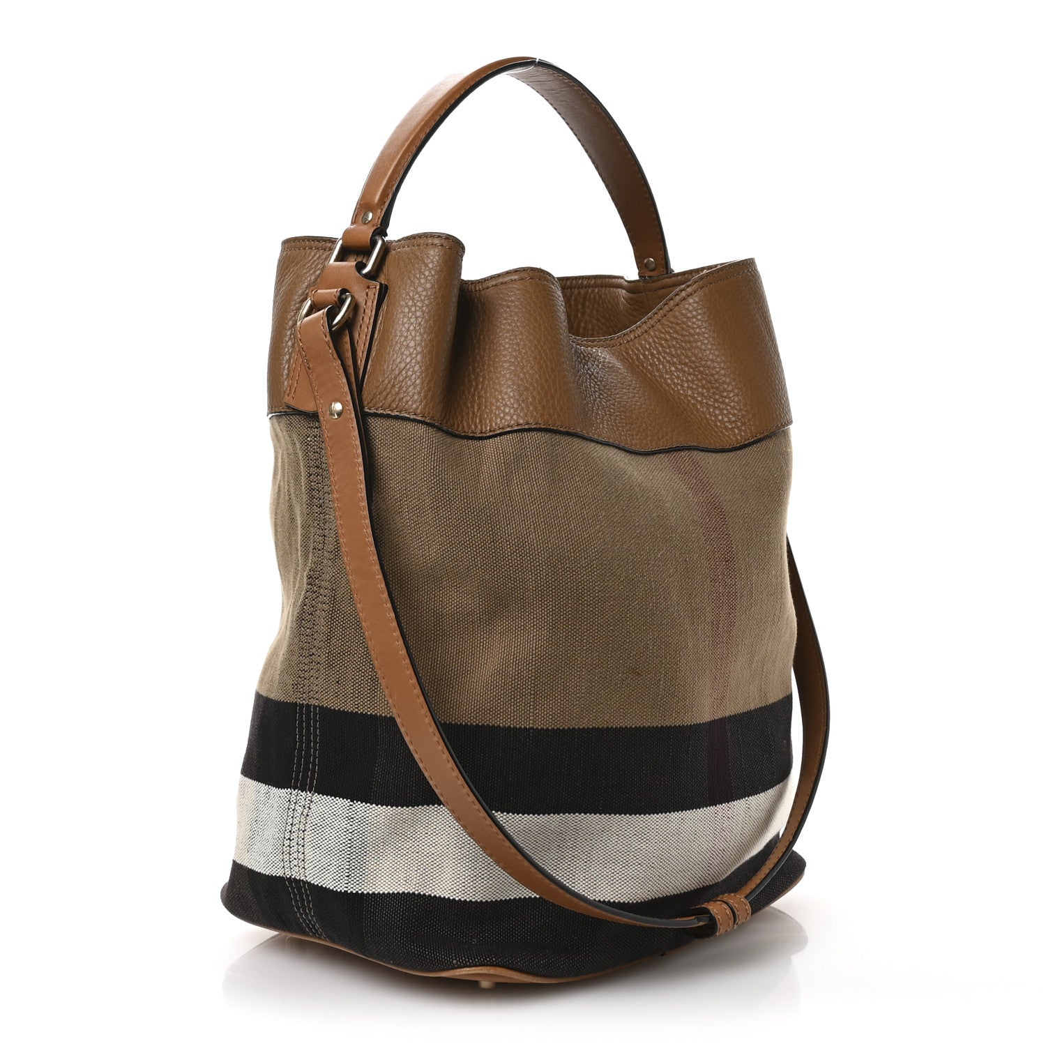 Burberry Grainy Calfskin Canvas Mega Check Medium Ashby Tassel Hobo Saddle Brown 4 of 14