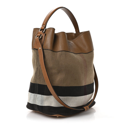 Burberry Grainy Calfskin Canvas Mega Check Medium Ashby Tassel Hobo Saddle Brown 4 of 14