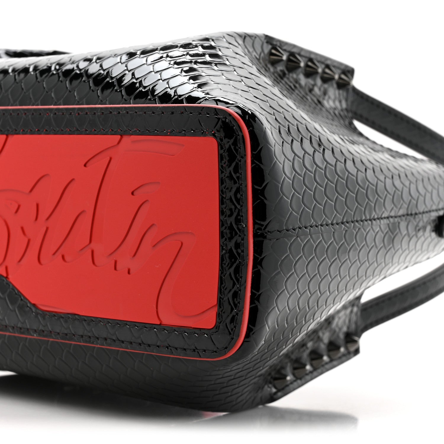 Christian Louboutin Patent Snakeskin Embossed Spiked Mini Cabarock Shopper Tote Black 10 of 12