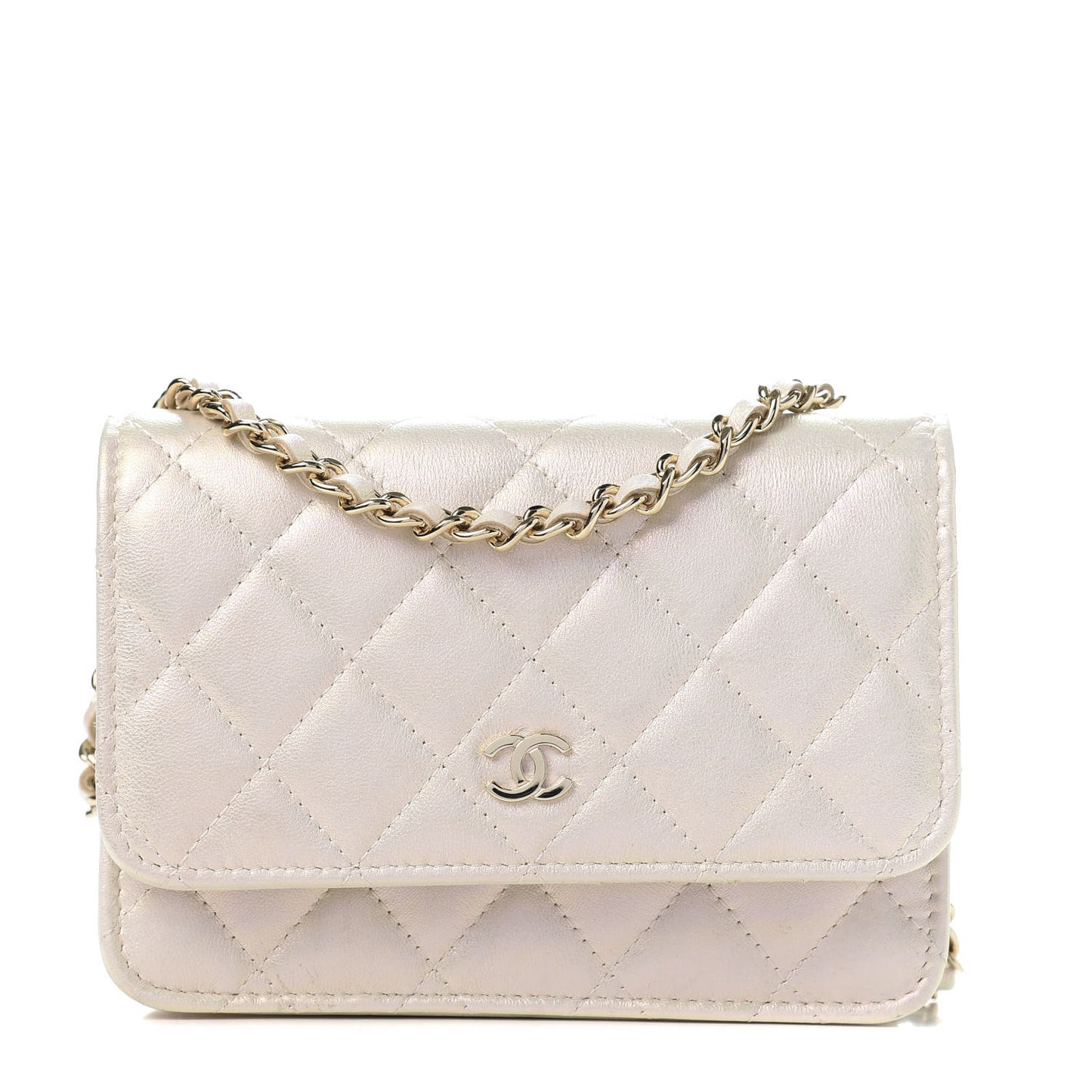 Iridescent Lambskin Quilted Mini Wallet On Chain WOC Ivory