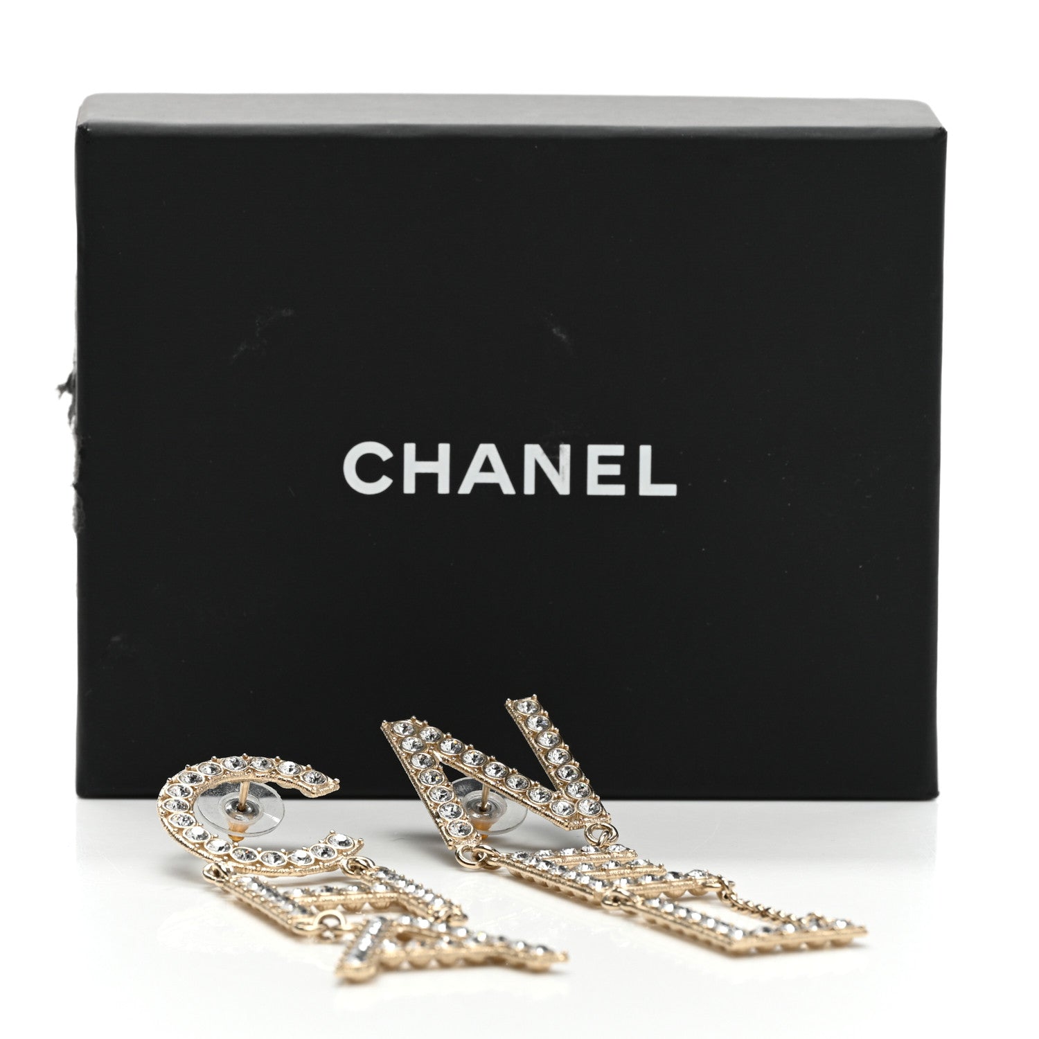 Chanel Crystal Cha-Nel Logo Drop Earrings Gold 5 of 5