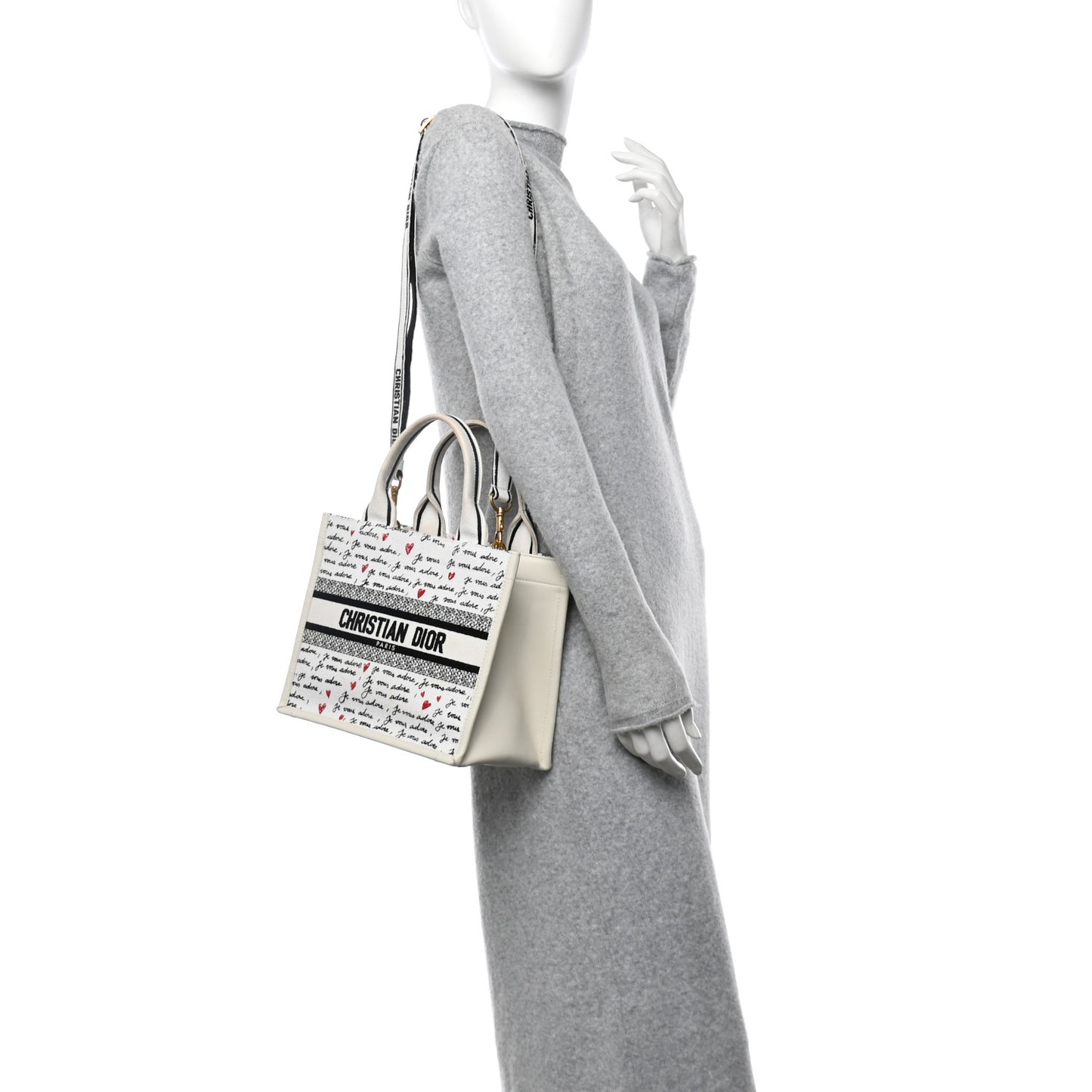 Calfskin Canvas Embroidered Small Dioramour Je Vous Adore Book Tote With Strap White Black Red