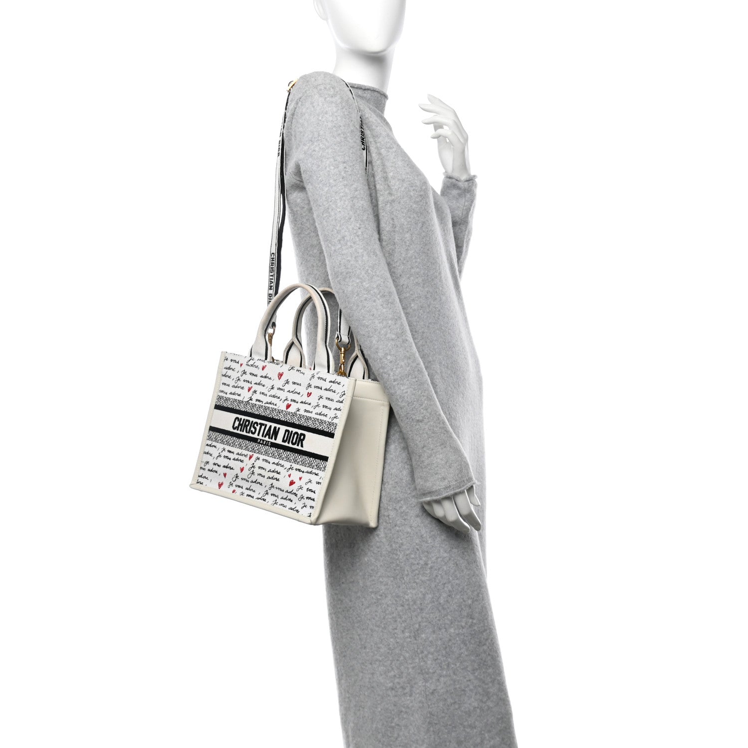 Christian Dior Calfskin Canvas Embroidered Small Dioramour Je Vous Adore Book Tote With Strap White Black Red 2 of 11