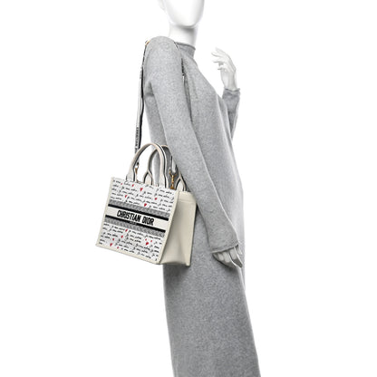 Christian Dior Calfskin Canvas Embroidered Small Dioramour Je Vous Adore Book Tote With Strap White Black Red 2 of 11