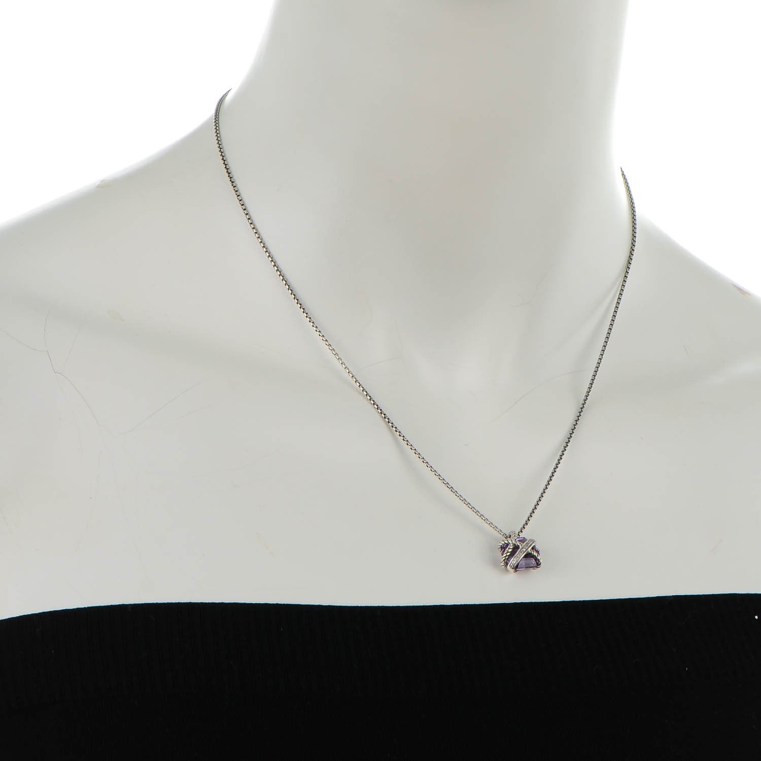 David Yurman Sterling silver Pave Diamond Amethyst 10mm Petite Cable Wrap Pendant Necklace 2 of 6