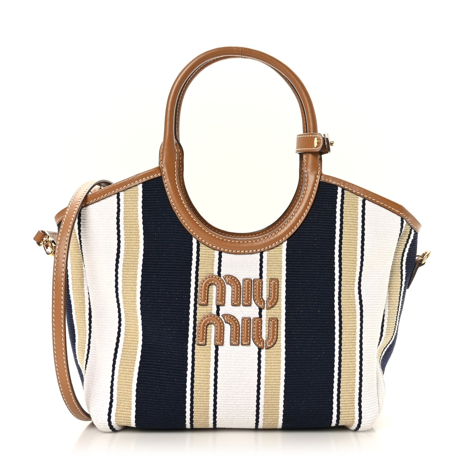 Miu Miu Cannete Canvas Striped Small Ivy Tote Blue Sabbia 1 of 9
