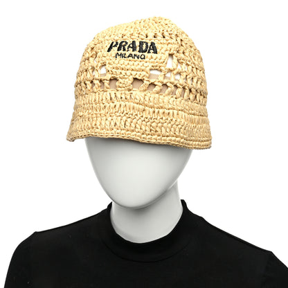 Prada Yarn Raffia Effect Crochet Logo Embroidered Womens Bucket Hat M Naturale 2 of 8