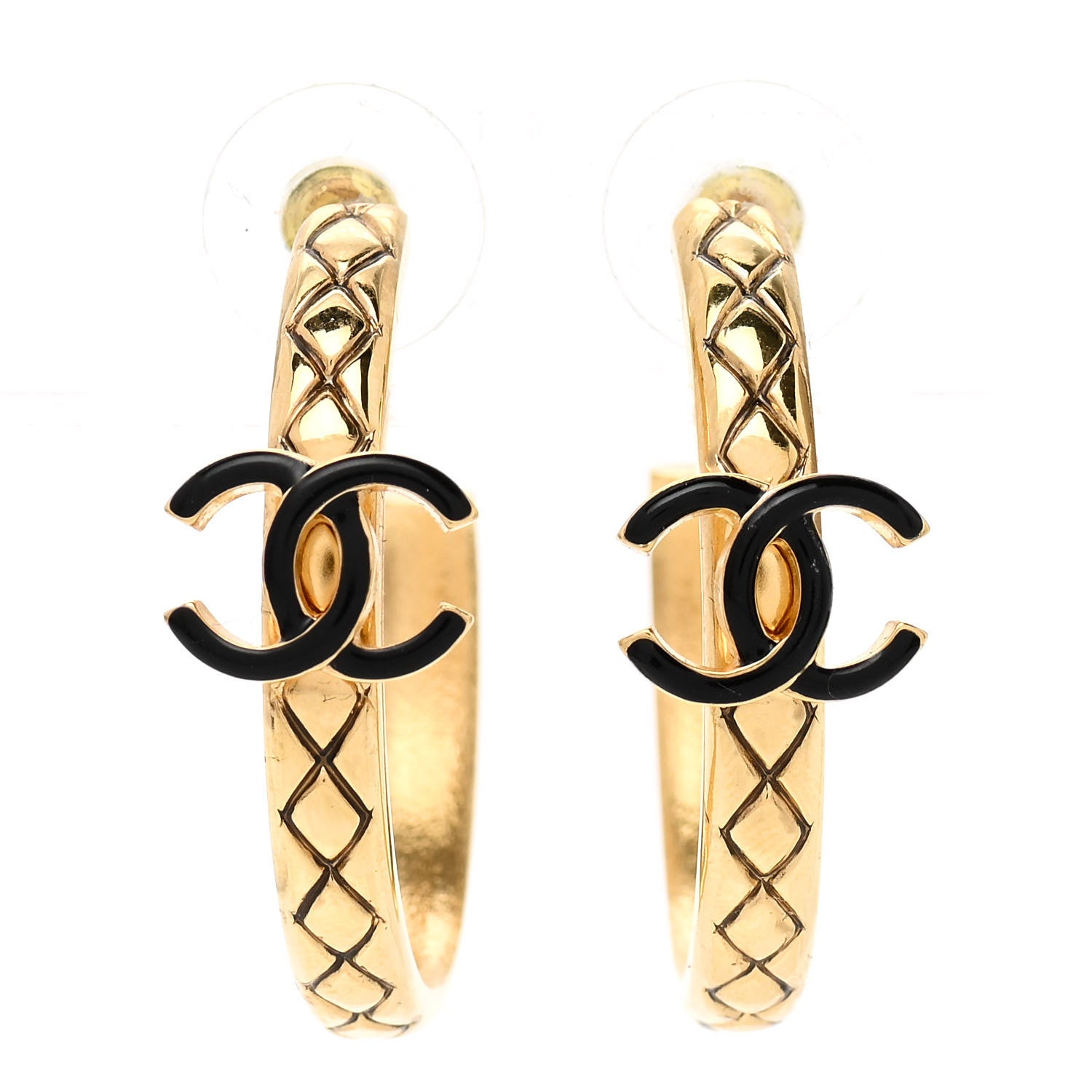 Chanel Metal Quilted Resin CC Hoop Earrings Gold Black 1 of 5