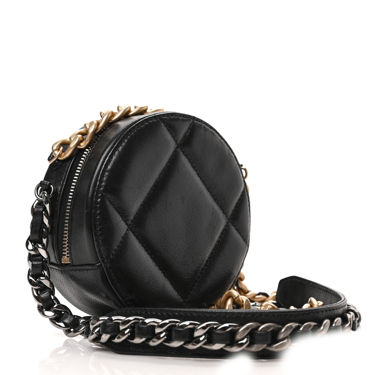 Shiny Goatskin Quilted Chanel 19 Round Clutch With Chain Black