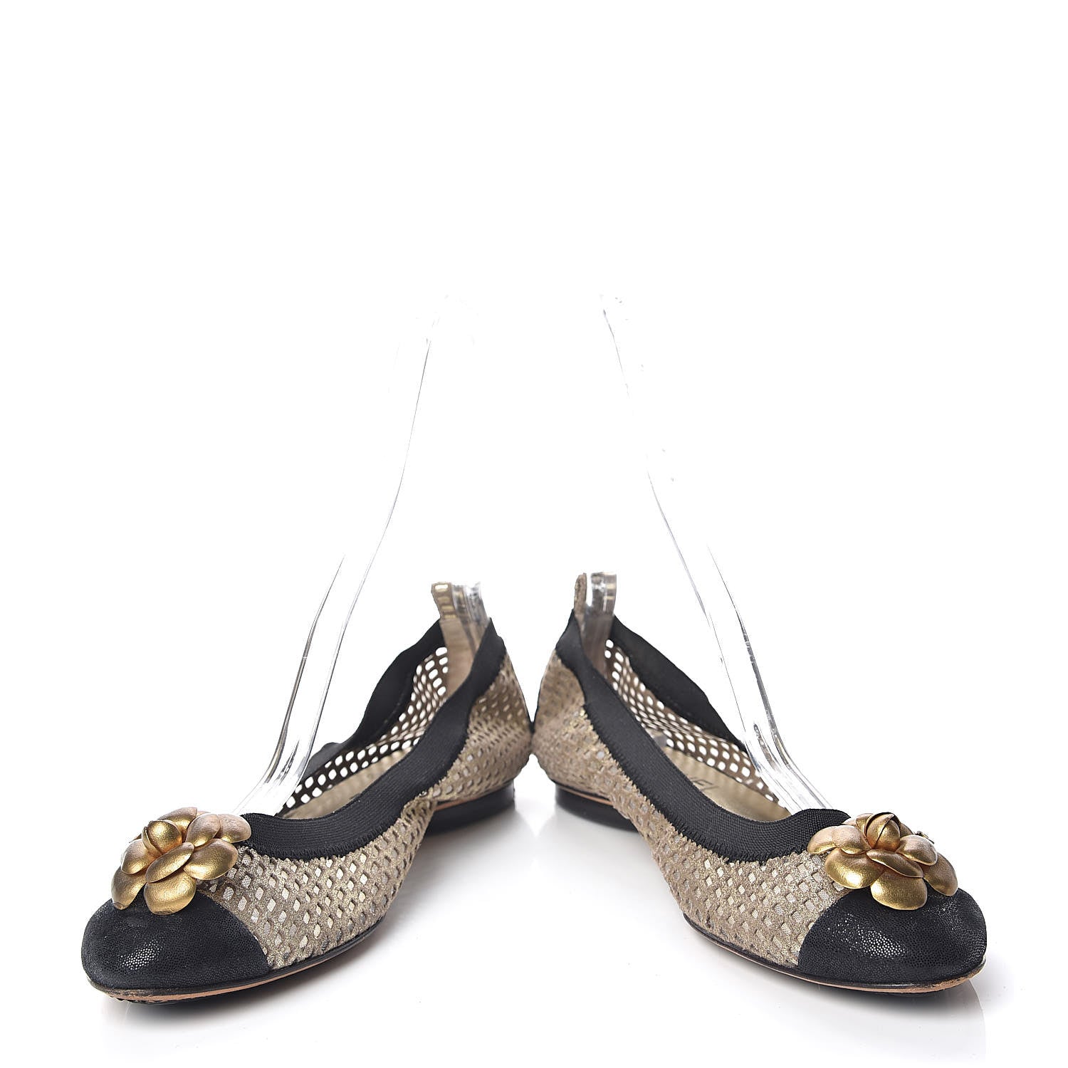 Chanel Perforated Elastic Camellia Ballerina Flats 40 Gold Black 5 of 14