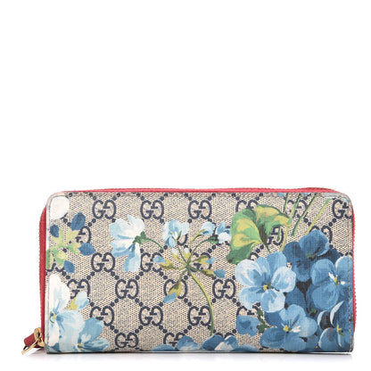 Gucci GG Supreme Monogram Blooms Zip Around Wallet Blue Red 1 of 10