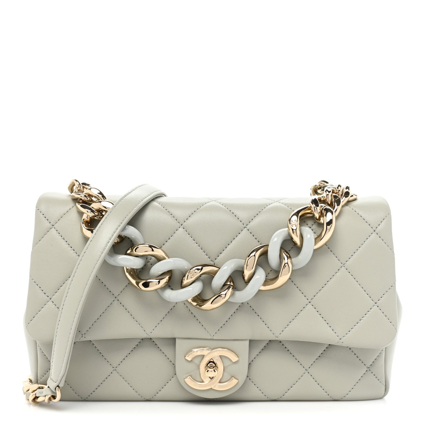 Lambskin Quilted Resin Bi-Color Chain Flap Bag Grey
