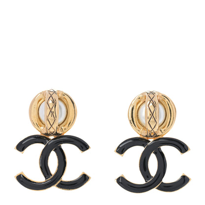 Chanel Pearl Resin CC Drop Earrings Gold Black 1 of 5