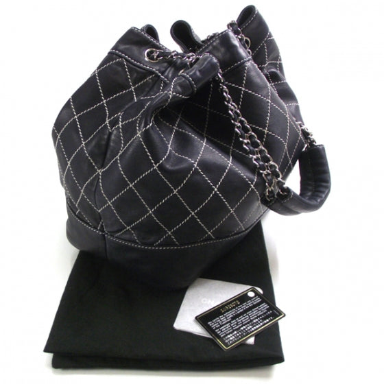 Leather Contrast Stitch Drawstring Tote Navy