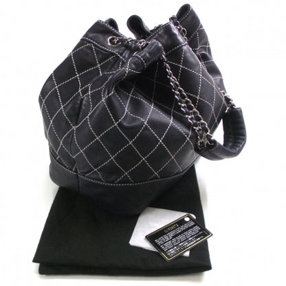 Chanel Leather Contrast Stitch Drawstring Tote Navy 3 of 11