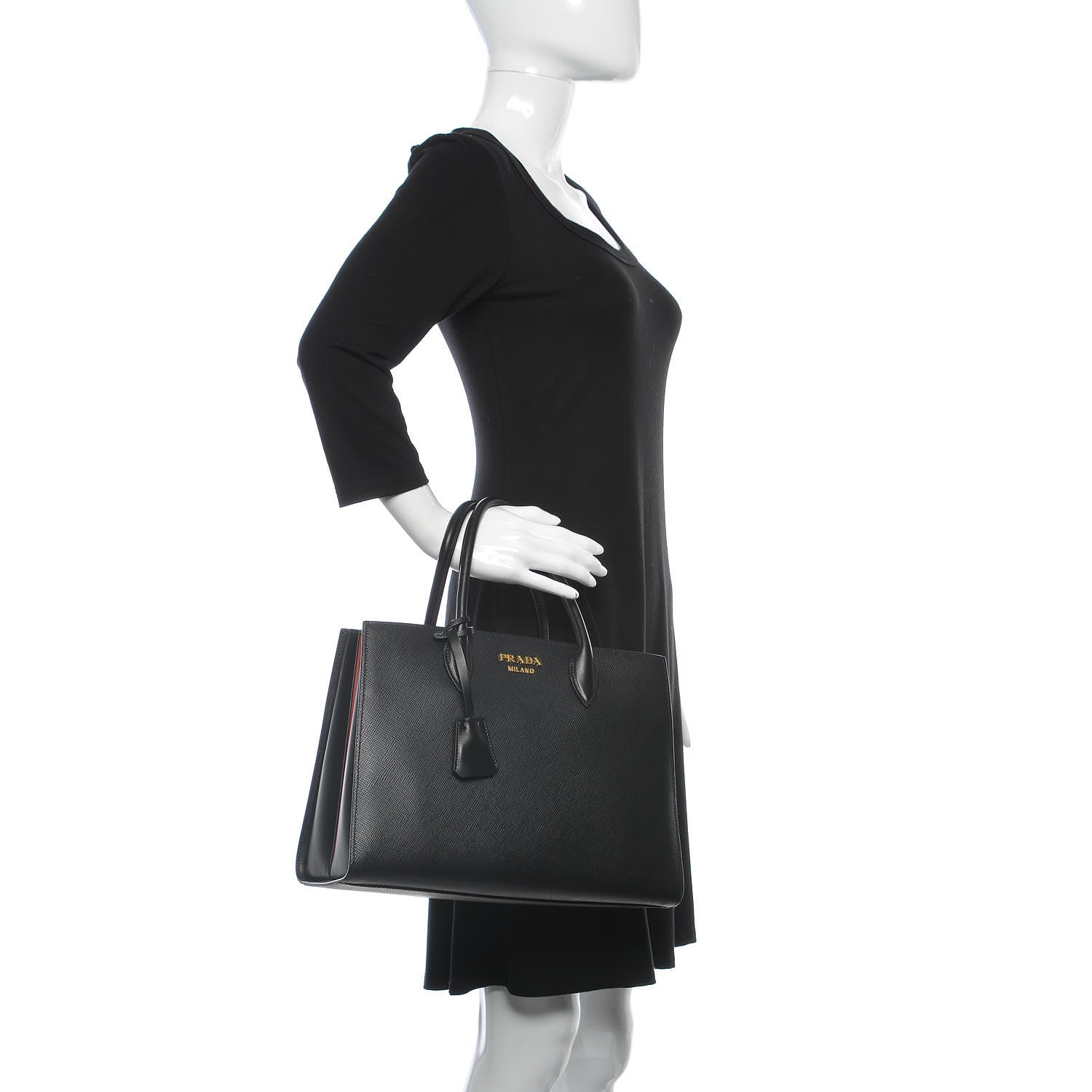 Prada Saffiano City Calfskin Large Bibliothèque Top Handle Black Fuoco 3 of 10