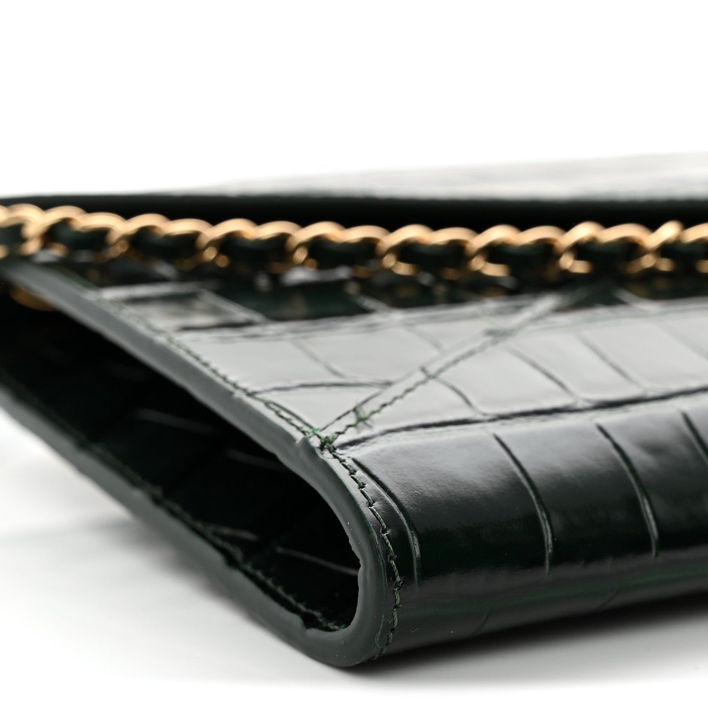 Calfskin Crocodile Embossed Envelope Clutch With Chain Emerald