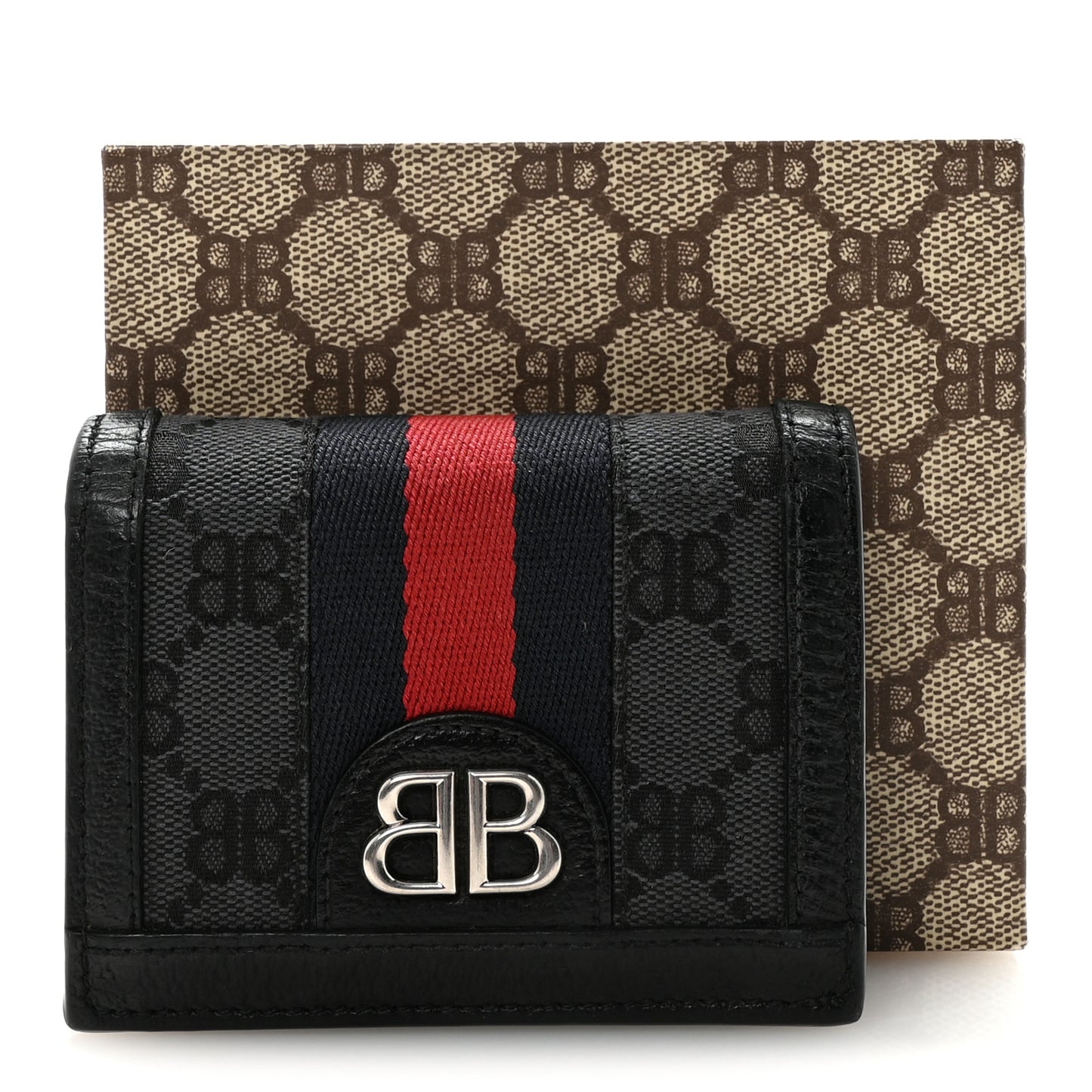 X BALENCIAGA BB Monogram Web Ophidia Card Case Wallet Black