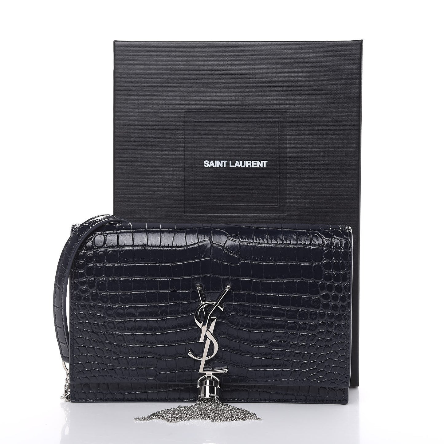 Calfskin Crocodile Embossed Kate Monogram Tassel Chain Wallet Deep Marine