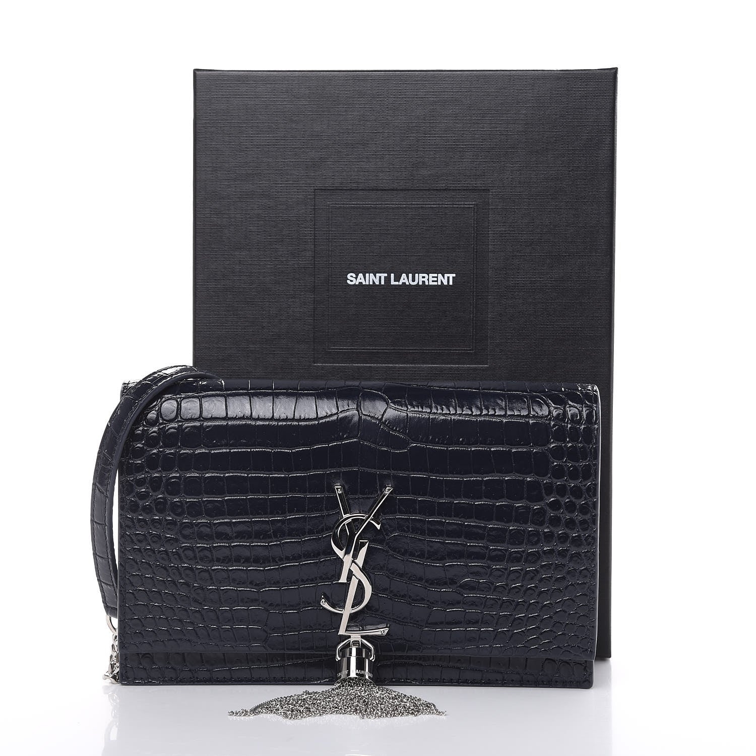Mansur Gavriel Calfskin Crocodile Embossed Kate Monogram Tassel Chain Wallet Deep Marine 9 of 9