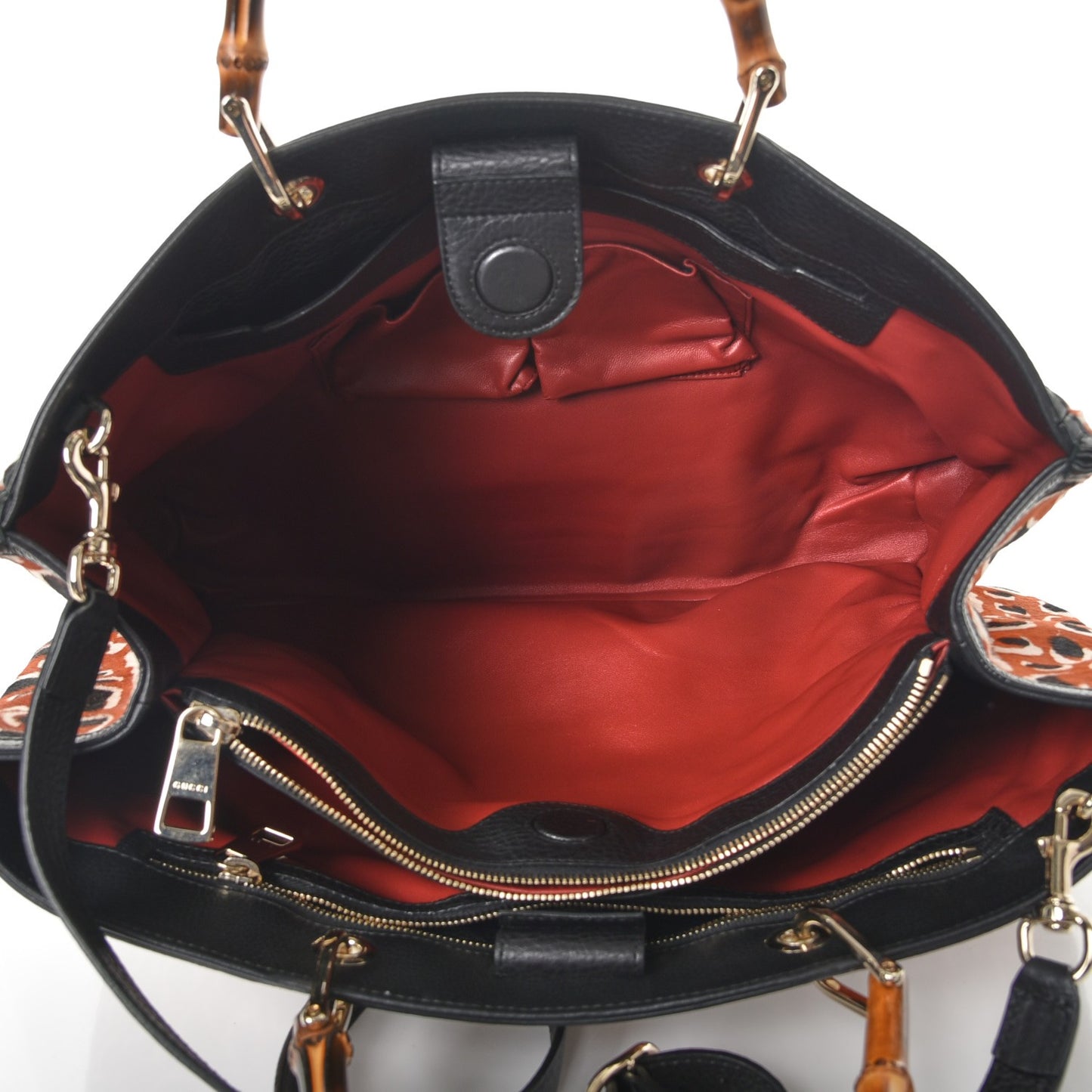 Calf Hair Leopard Print Large Bamboo Shopper Tote Red