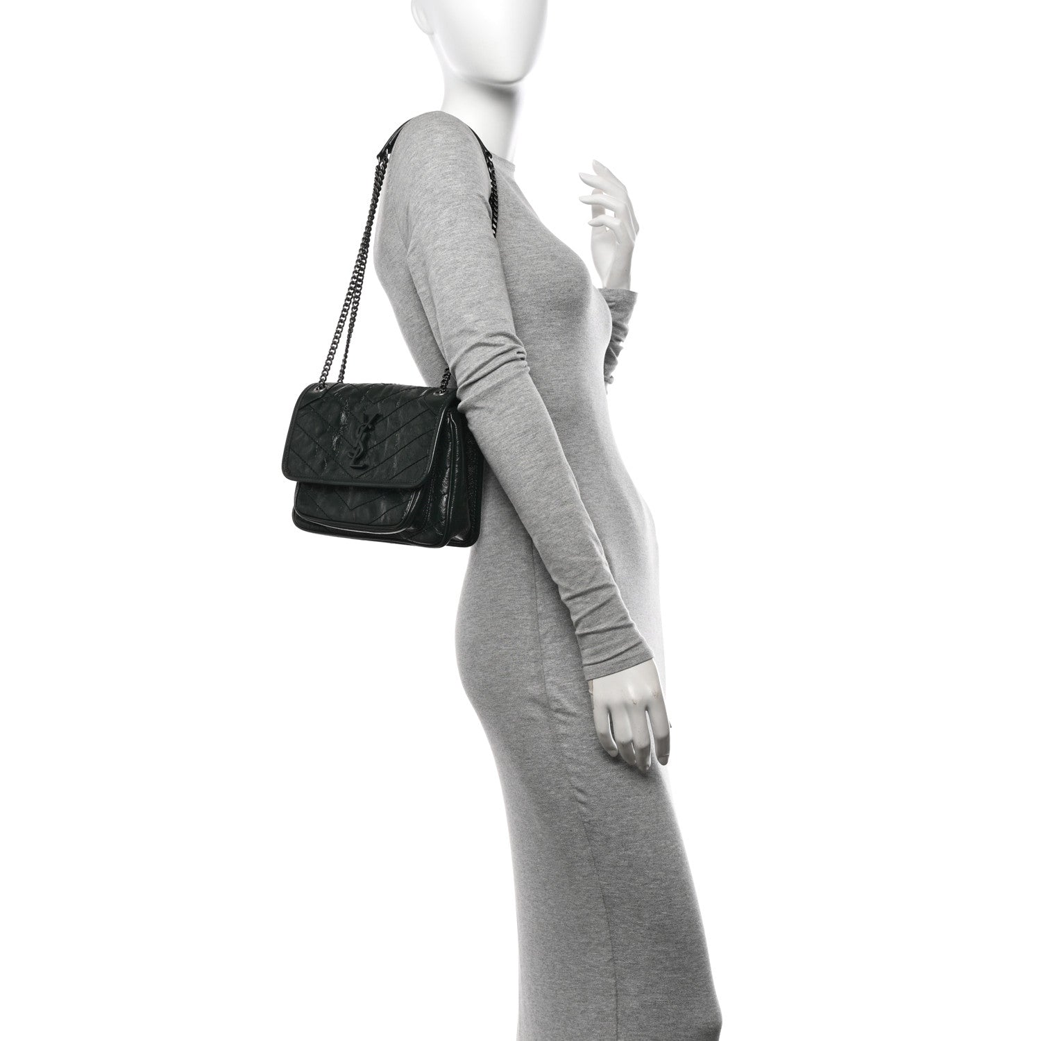 Saint Laurent Crinkled Calfskin Matelasse Monogram Baby Niki Chain Satchel Dark Green 2 of 10