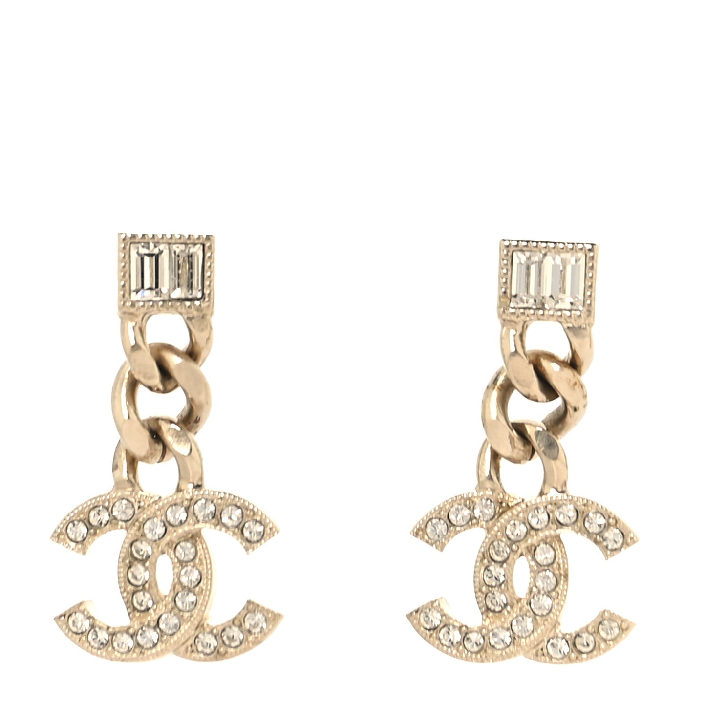 Metal Crystal Baguette CC Chain Drop Earrings Gold