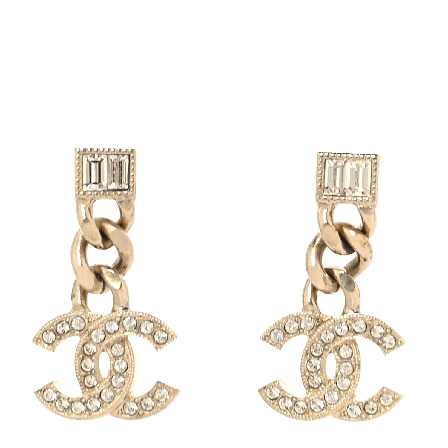 Chanel Metal Crystal Baguette CC Chain Drop Earrings Gold 2 of 10