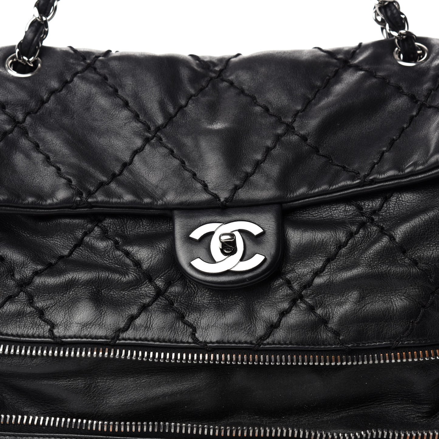 Calfskin Stitched Large Expandable Flap Bag Black