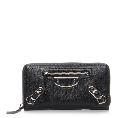 Balenciaga Chevre Silver Metallic Edge Hardware Zip Around Wallet Black 1 of 8