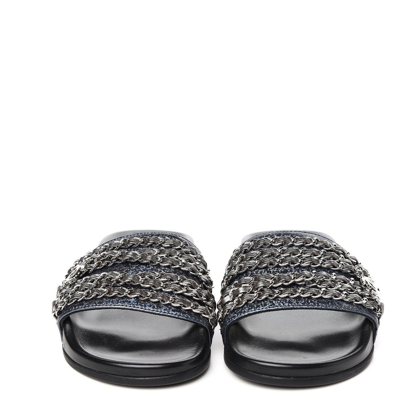 Metallic Lambskin Canvas Chain Flat Sandals 36 Dark Blue