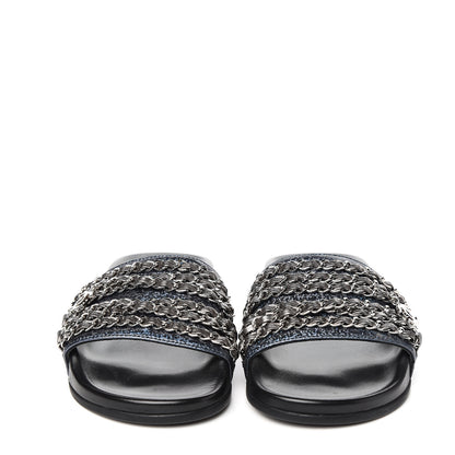 Chanel Metallic Lambskin Canvas Chain Flat Sandals 36 Dark Blue 2 of 9