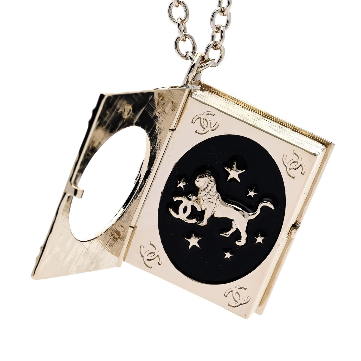 Chanel Metal CC Lion Book Locket Necklace Gold 6 of 10