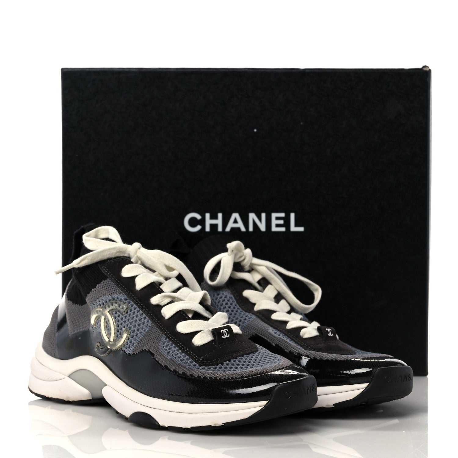 Chanel Fabric Suede Calfskin Stretch CC Sneakers 41 Black Grey 7 of 7