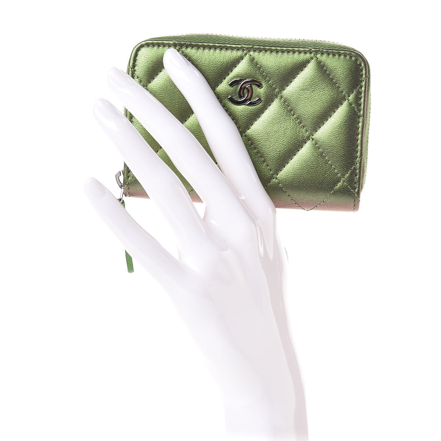 Metallic Lambskin Quilted Zip Around Coin Purse Wallet Green
