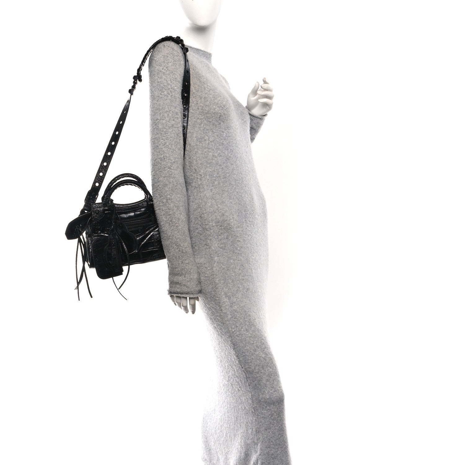 Balenciaga Semi Shiny Calfskin Crocodile Embossed Monochrome Neo Cagole Handbag XS Black 2 of 10