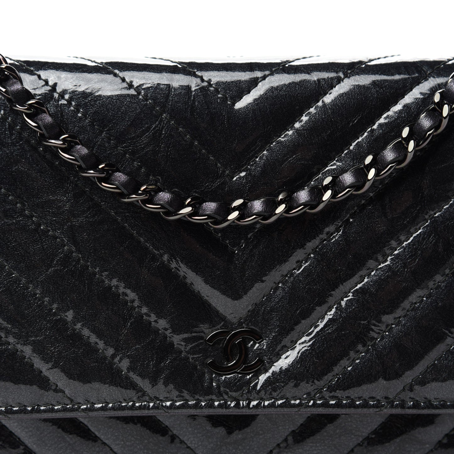 Patent Metallic Crumpled Calfskin Chevron Quilted Wallet On Chain WOC Black