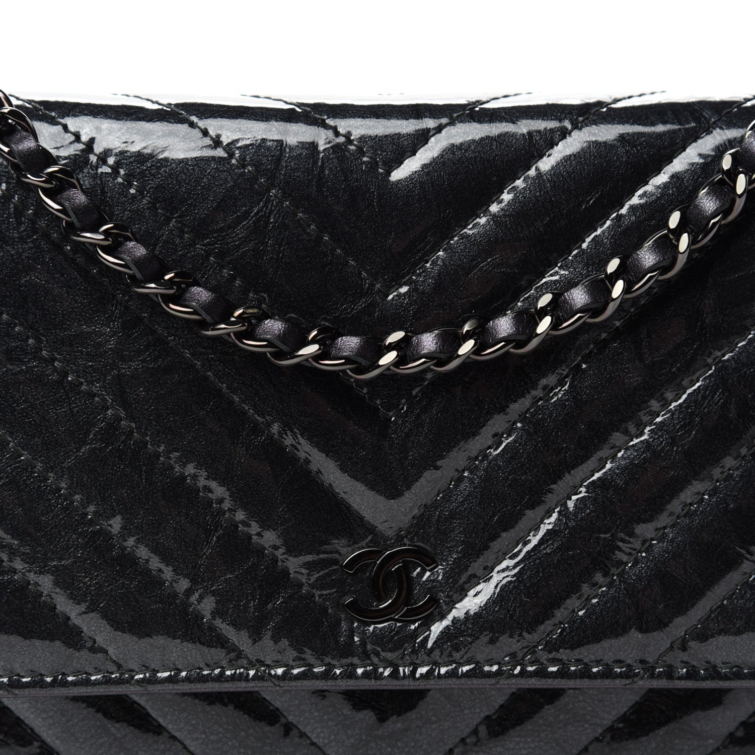 Chanel Patent Metallic Crumpled Calfskin Chevron Quilted Wallet On Chain WOC Black 13 of 14