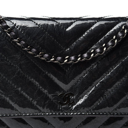 Chanel Patent Metallic Crumpled Calfskin Chevron Quilted Wallet On Chain WOC Black 13 of 14