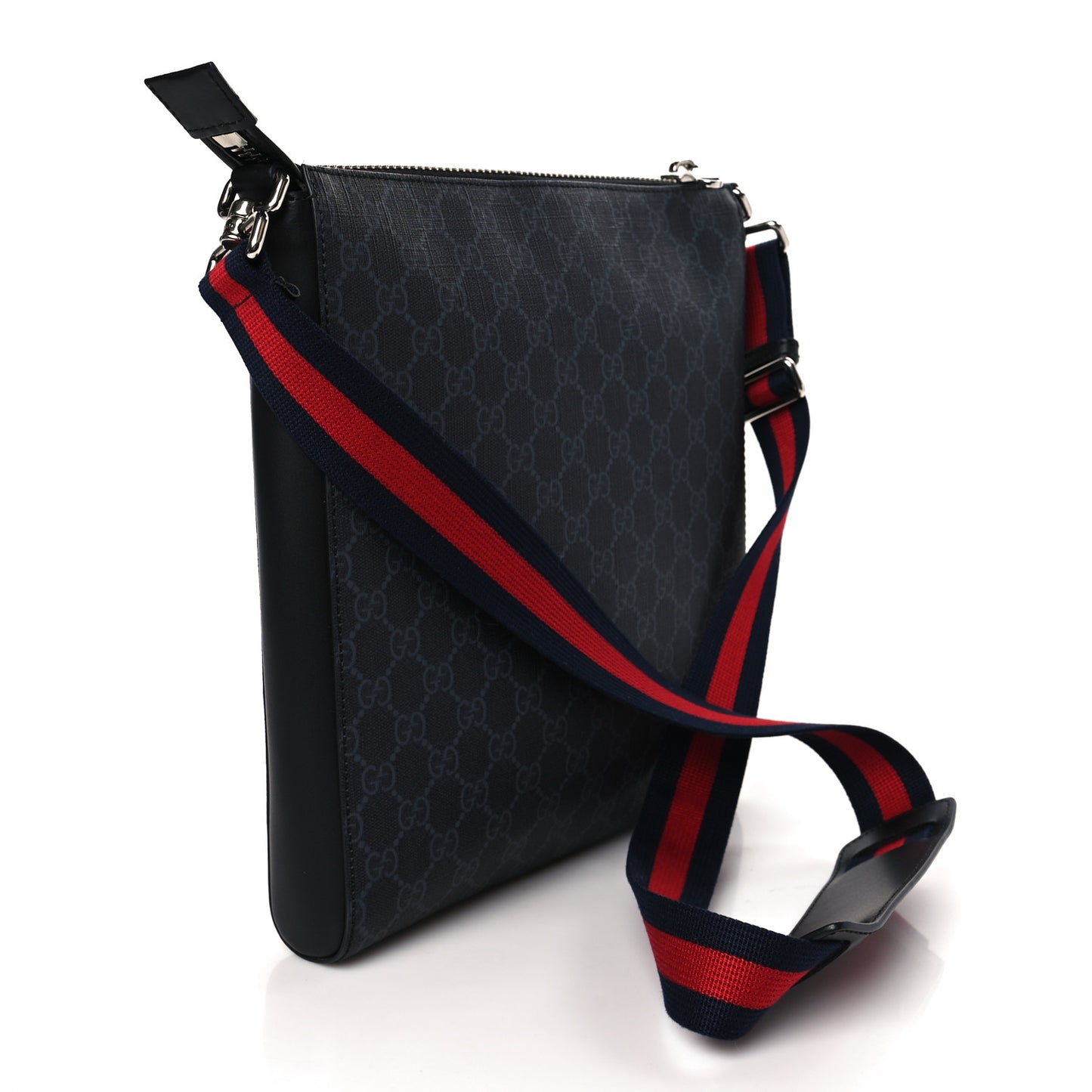 GG Supreme Monogram Appia Calfskin Web Flat Messenger Bag Black Grey