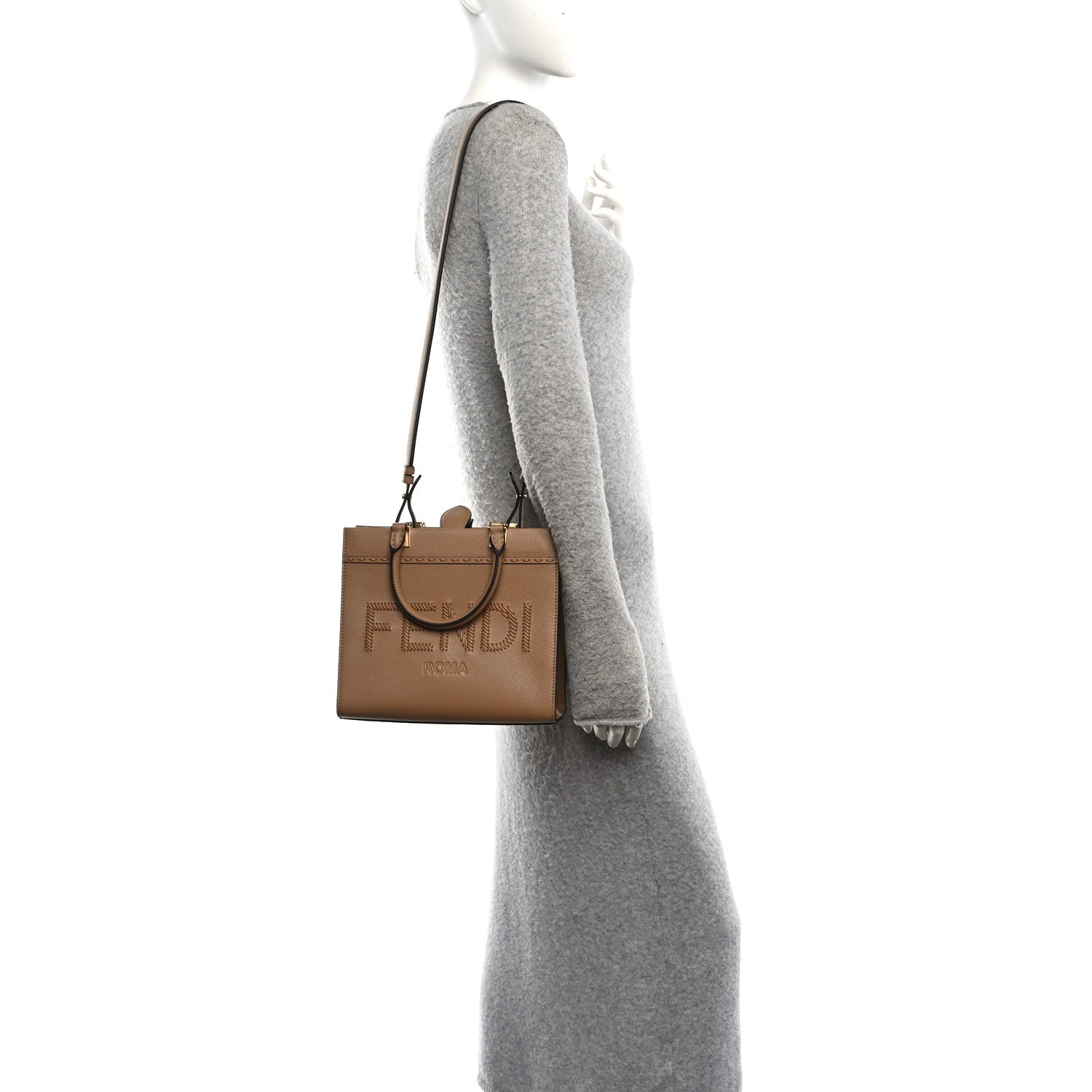 Fendi Vitello Santa Barbara Woven Logo Small Fendi Sunshine Shopper Tote Cappucino 2 of 9