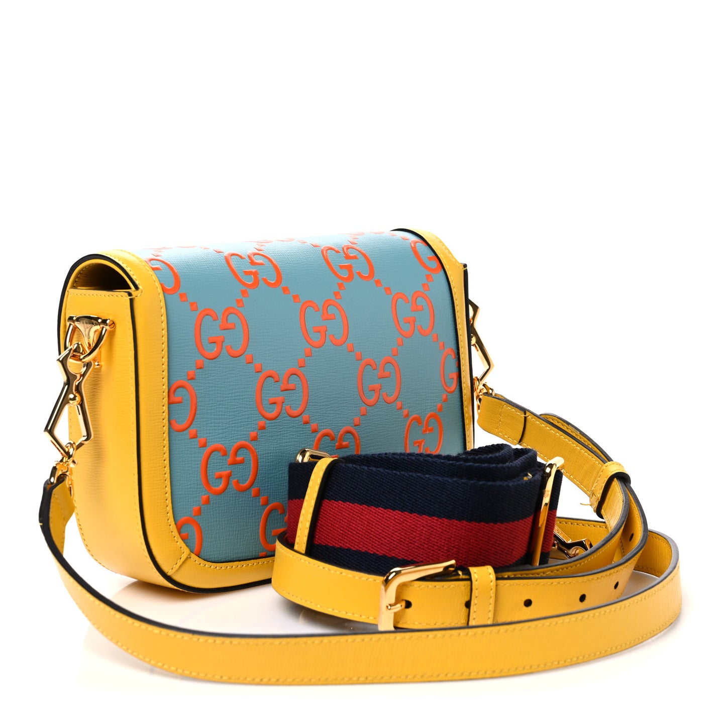 Azalea Calfskin GG Monogram Bi-Color Debossed Mini Horsebit 1955 Shoulder Bag Dusty Azure Stone Topaz Deep Orange