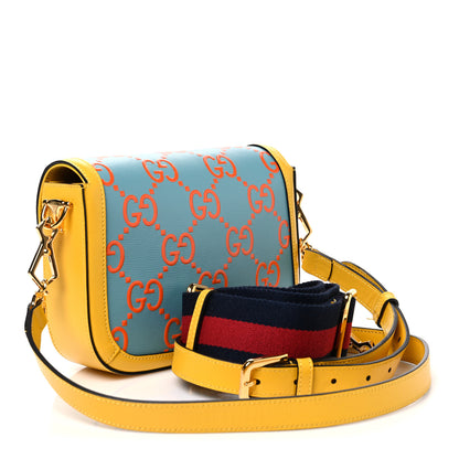 Gucci Azalea Calfskin GG Monogram Bi-Color Debossed Mini Horsebit 1955 Shoulder Bag Dusty Azure Stone Topaz Deep Orange 3 of 10